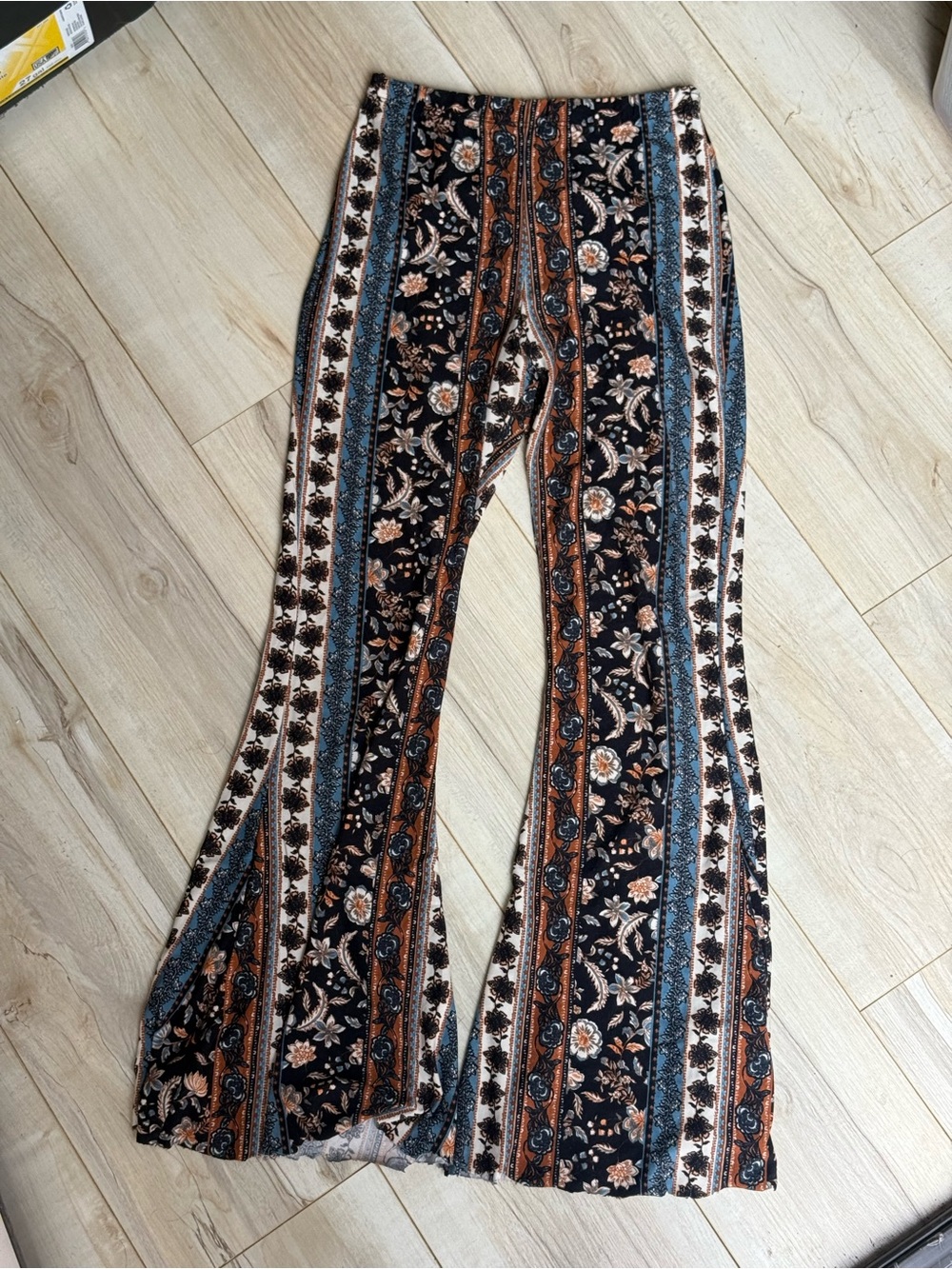 Bohemian Floral Stripe Bell Bottom Pants - Black Rust Blue